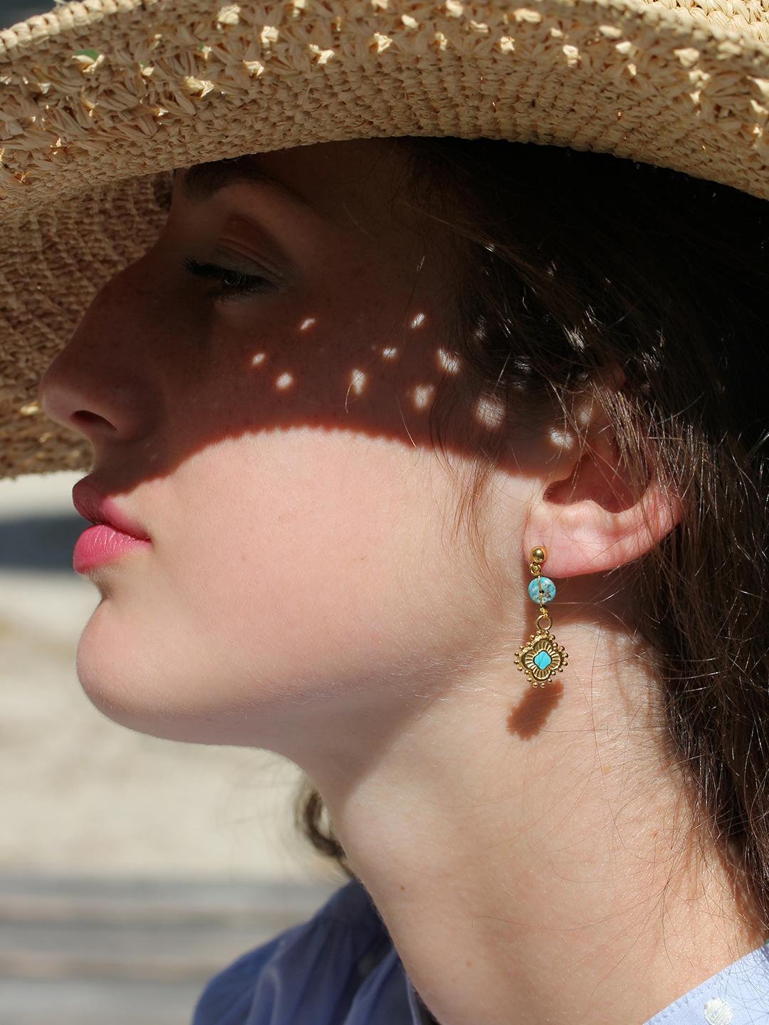 Boucles Lac Turquoise Trèfle LAITON DORE
