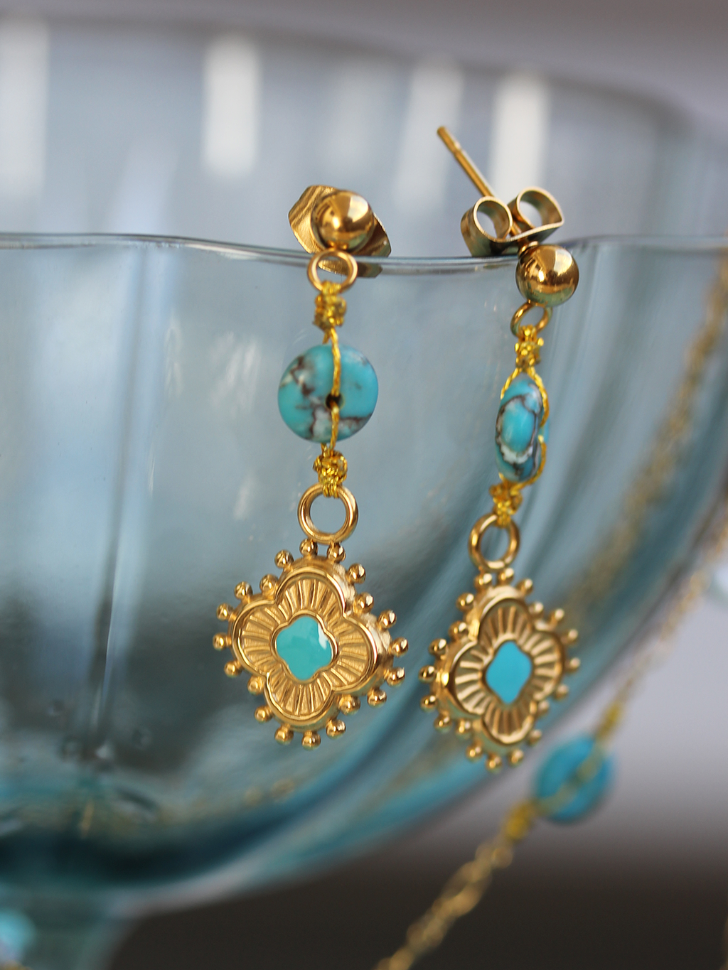 Boucles Lac Turquoise Trèfle LAITON DORE