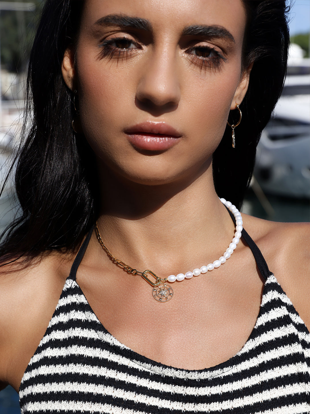 Collier Mi-Perles de l'Eau Doux, Mi-Chaine Figaro PO Jaune
