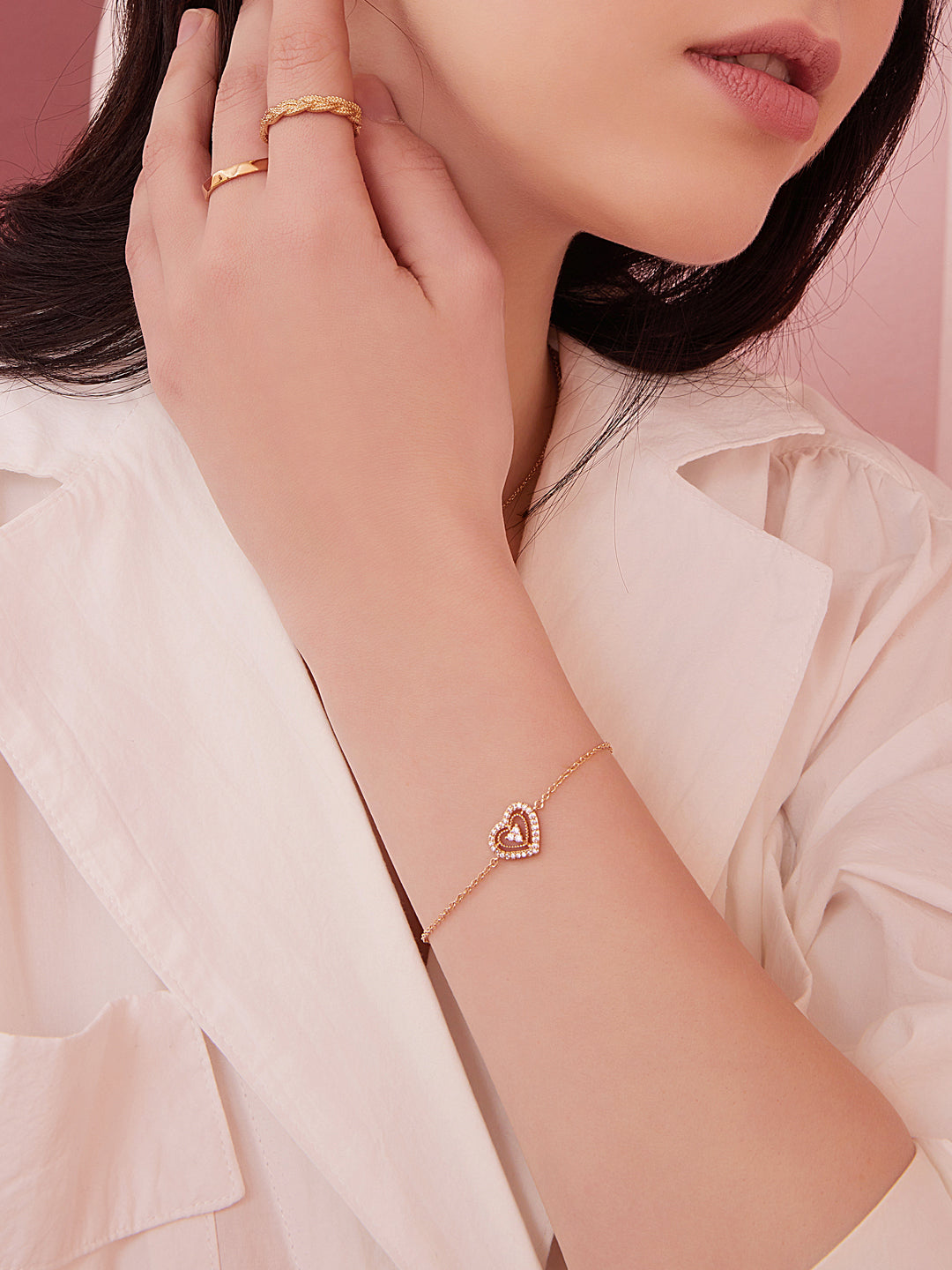 Bracelet PO Double Coeur oxydes blancs