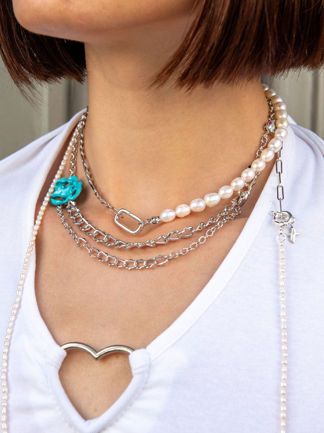 Collier Mi-Perles de l'Eau Doux, Mi-Chaine Figaro PO Blanc