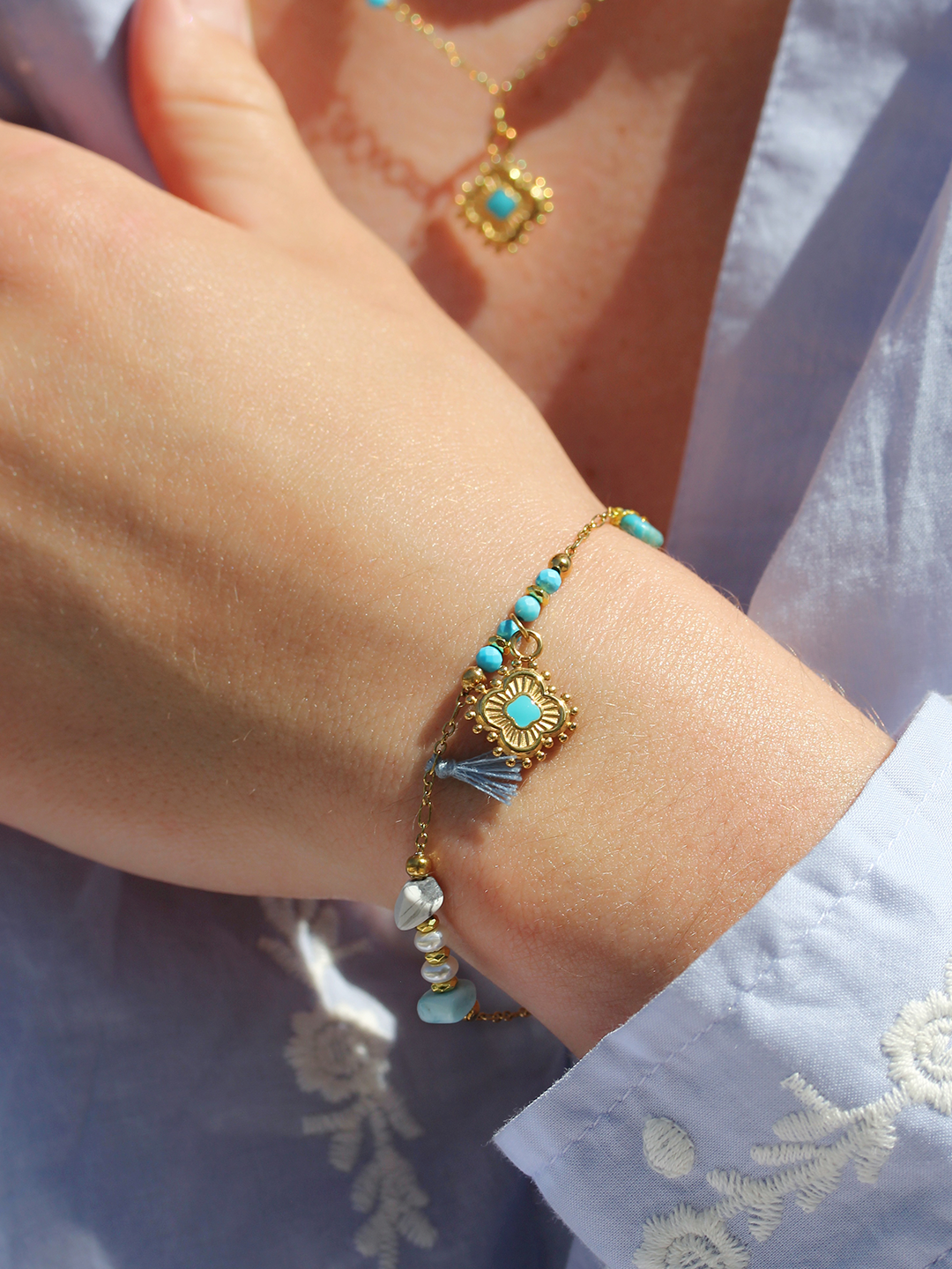 Bracelet Lac Turquoise Trèfle LAITON DORE