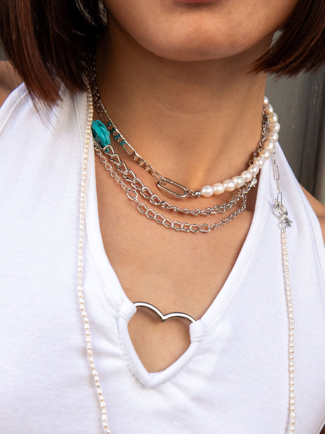 Collier Mi-Perles de l'Eau Doux, Mi-Chaine Figaro PO Blanc