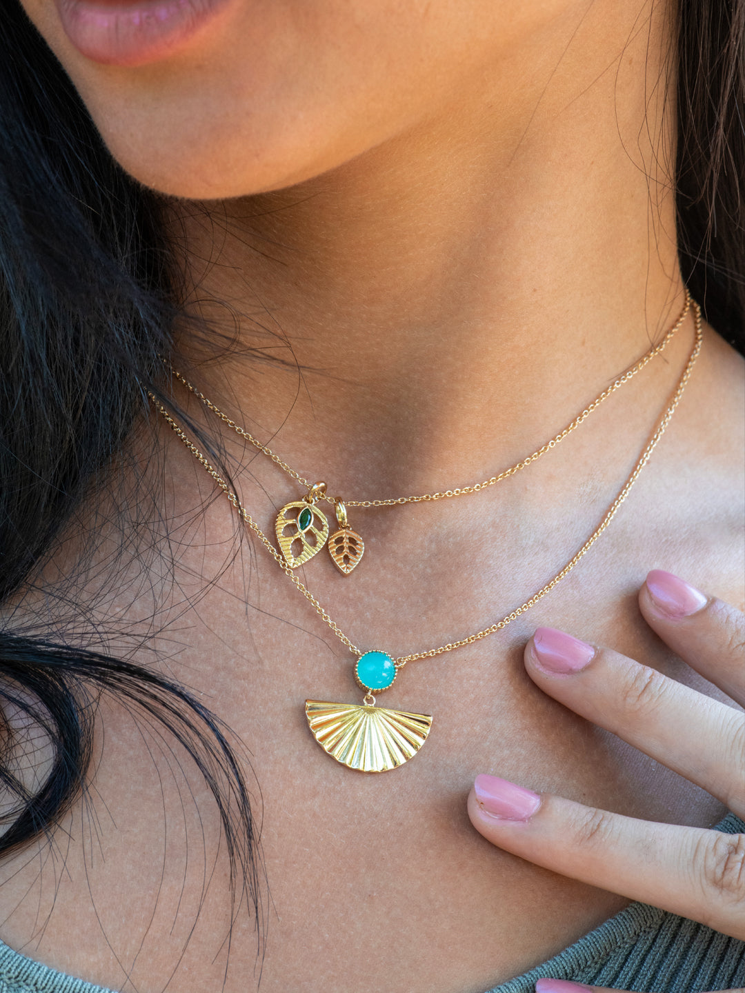 Collier PO Éventail serti verre menthe