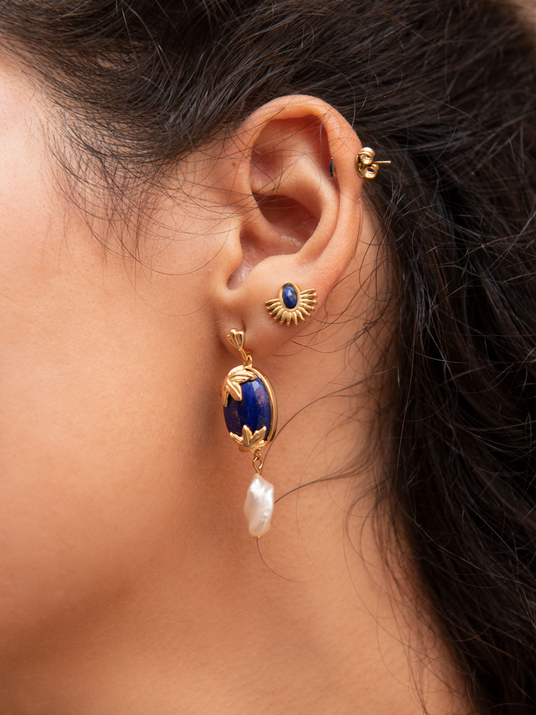 Boucles PO Style Tropical en Lapis Bleu et Perles Baroque Véritable