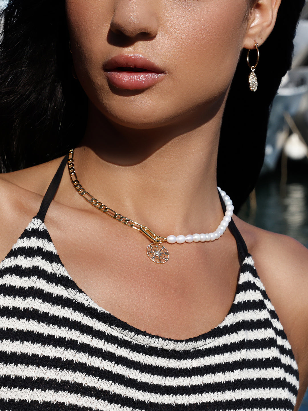 Collier Mi-Perles de l'Eau Doux, Mi-Chaine Figaro PO Jaune