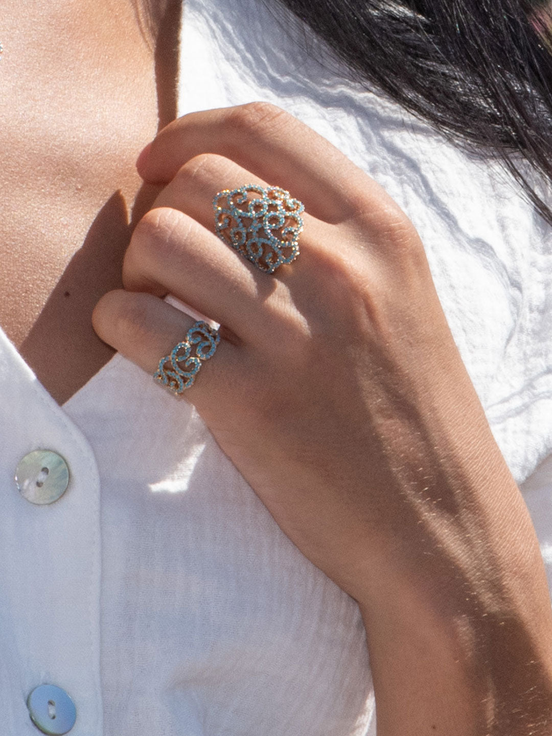 Bague PO Arabesque Serti Zircon en Bleu Turquoise