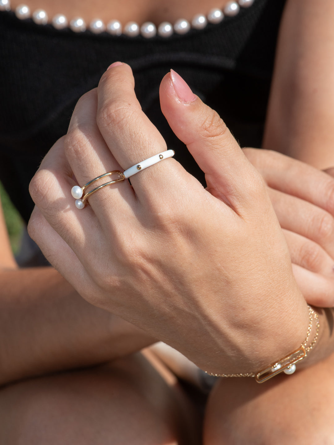 Bague PO Emaille Blanc Deco Clou