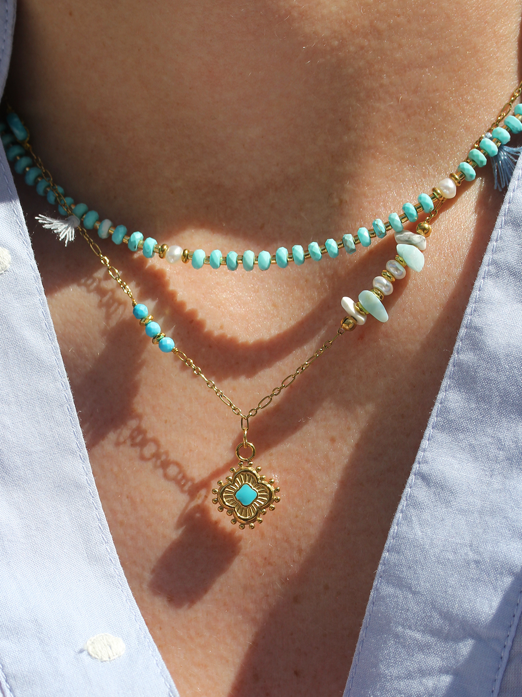 Collier Lac Turquoise Trèfle LAITON DORE
