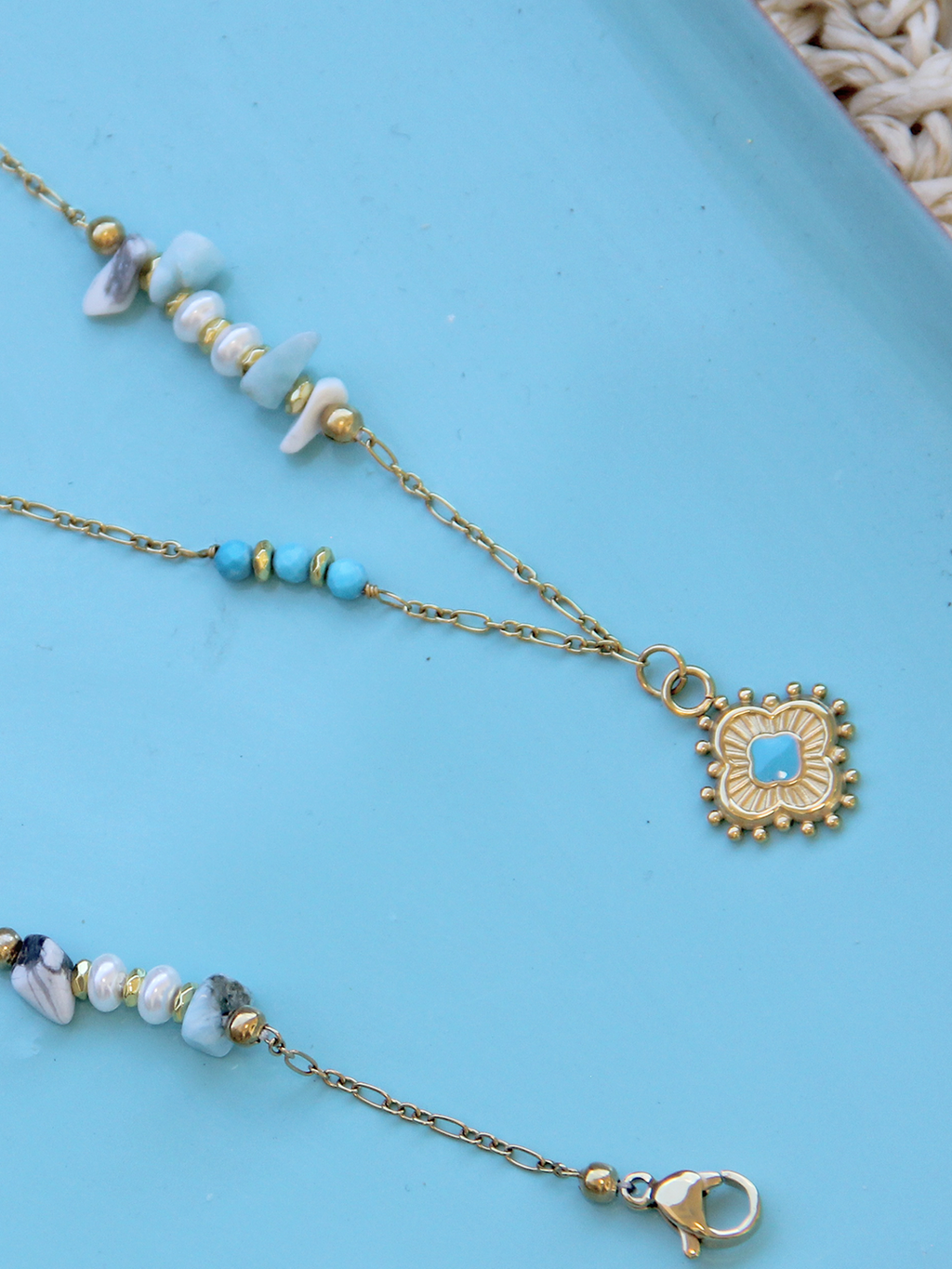 Collier Lac Turquoise Trèfle LAITON DORE