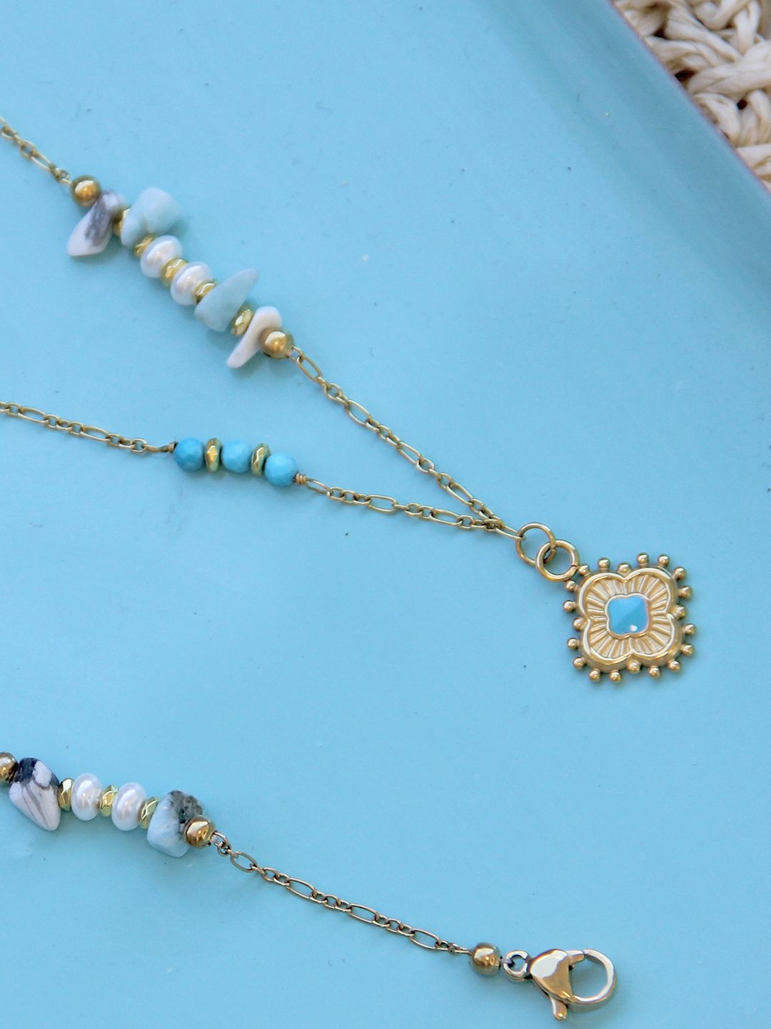 Collier Lac Turquoise Trèfle LAITON DORE