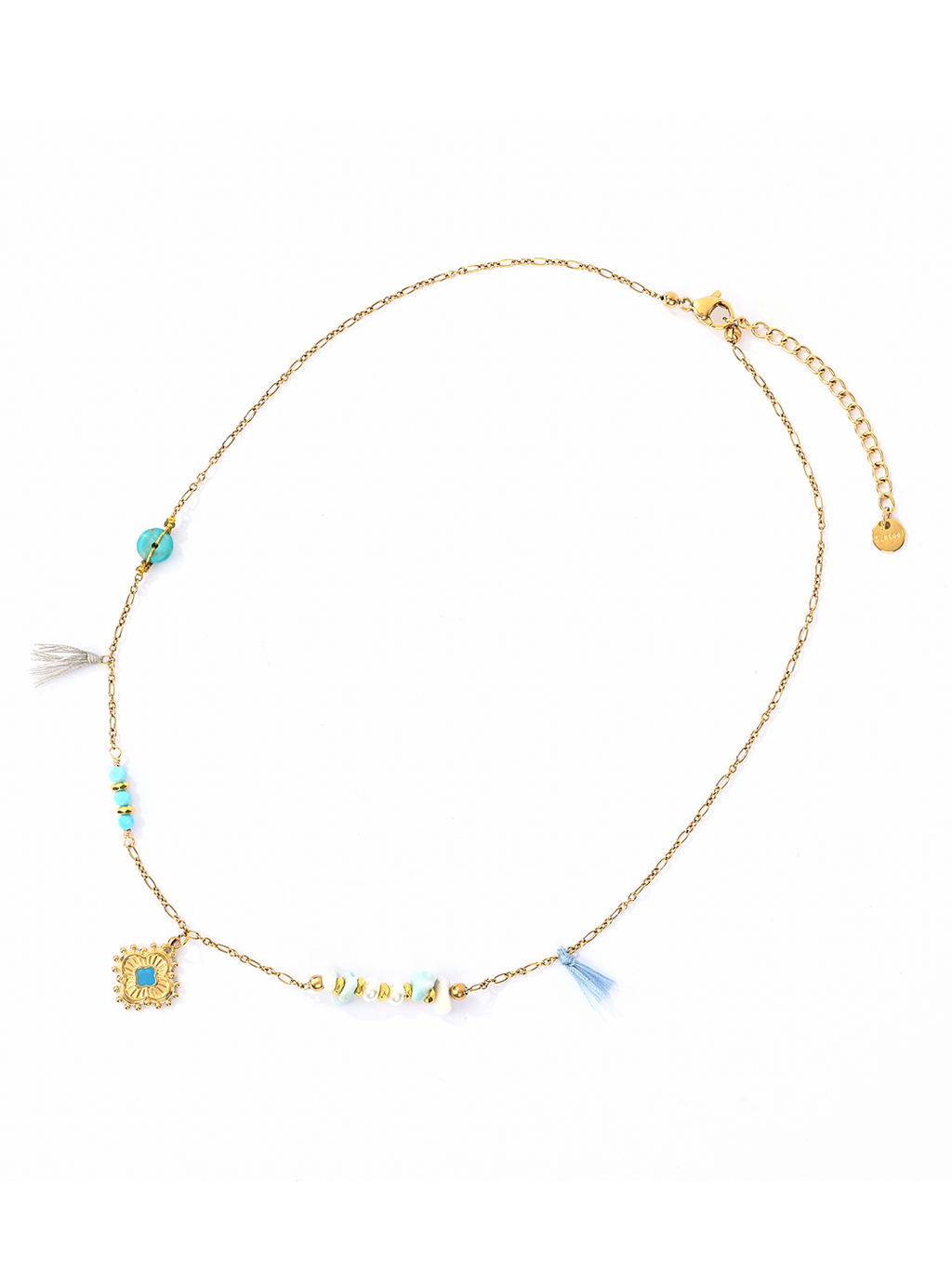 Collier Lac Turquoise Trèfle LAITON DORE