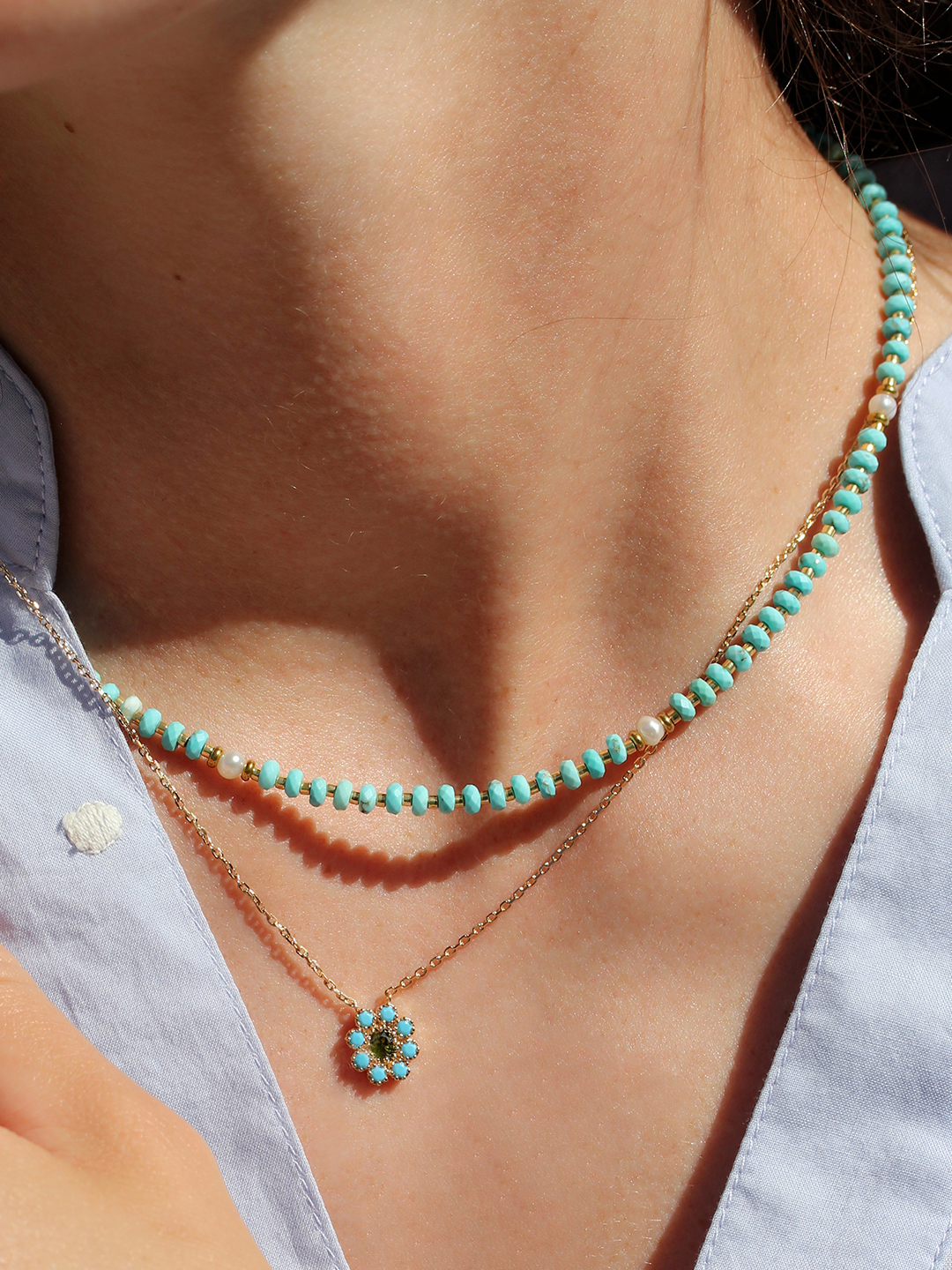 Collier LAC TURQUOISE LAITON DORE