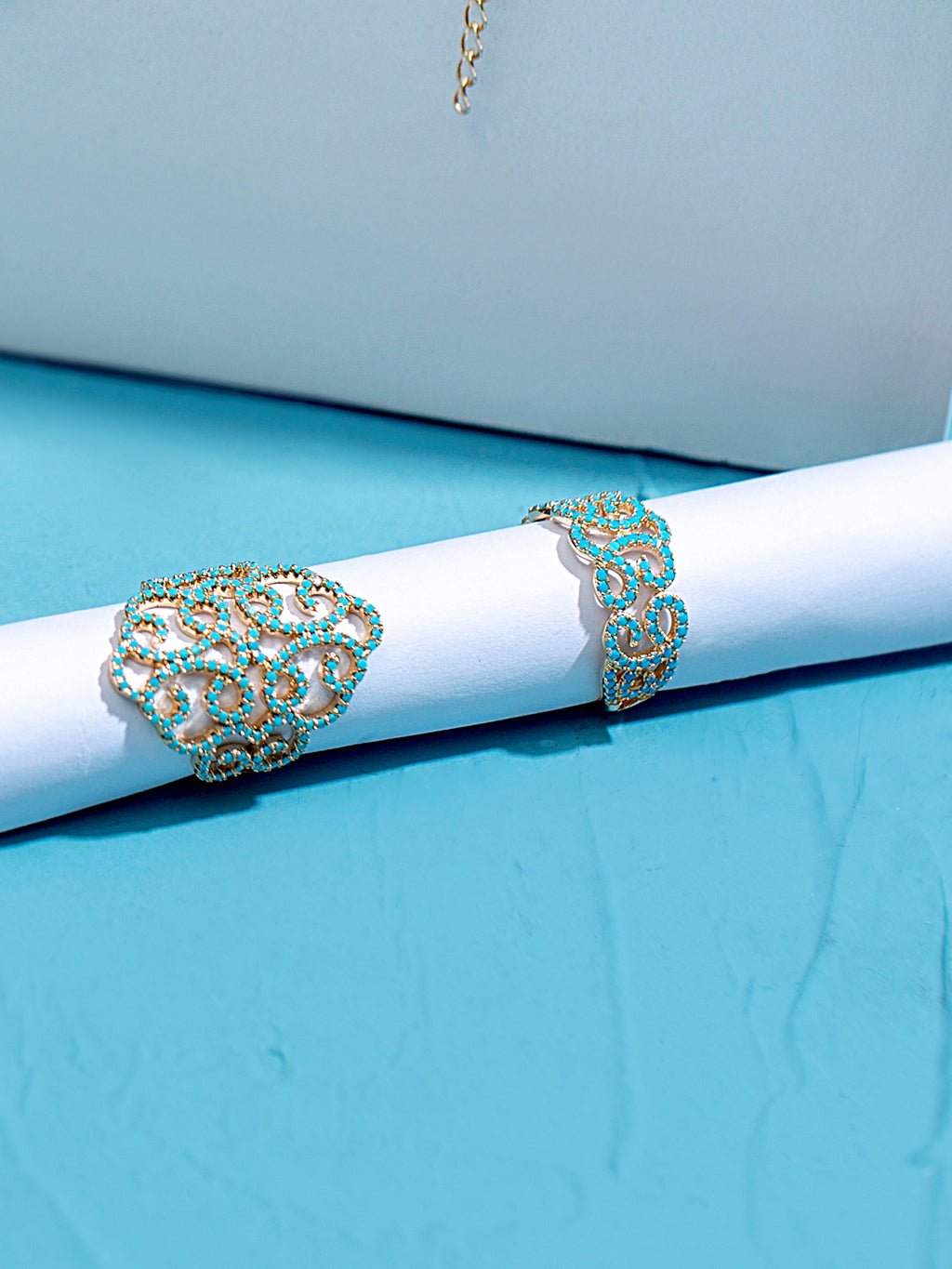Bague PO Arabesque Serti Zircon en Bleu Turquoise