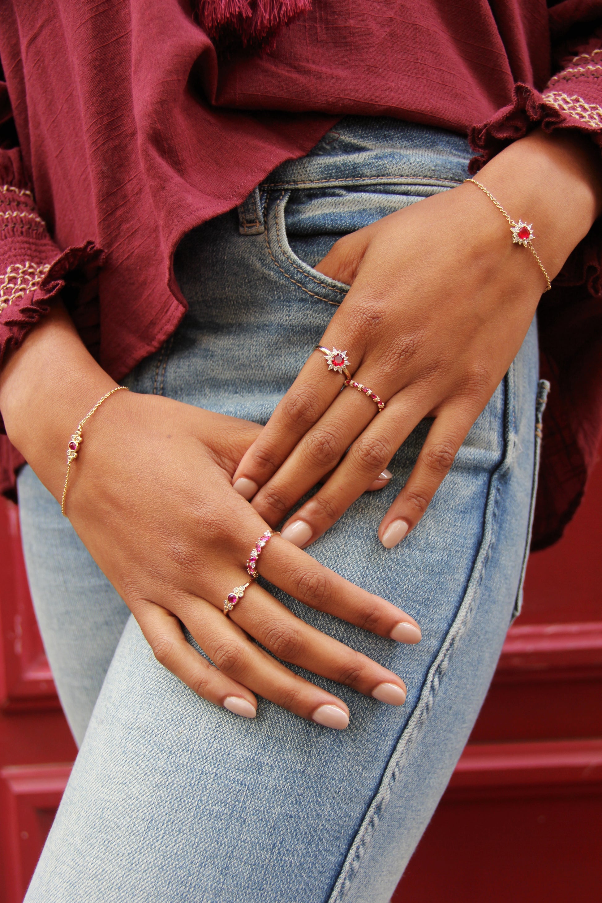 Bague FEUILLES ROUGE PL-OR 750 3MIC