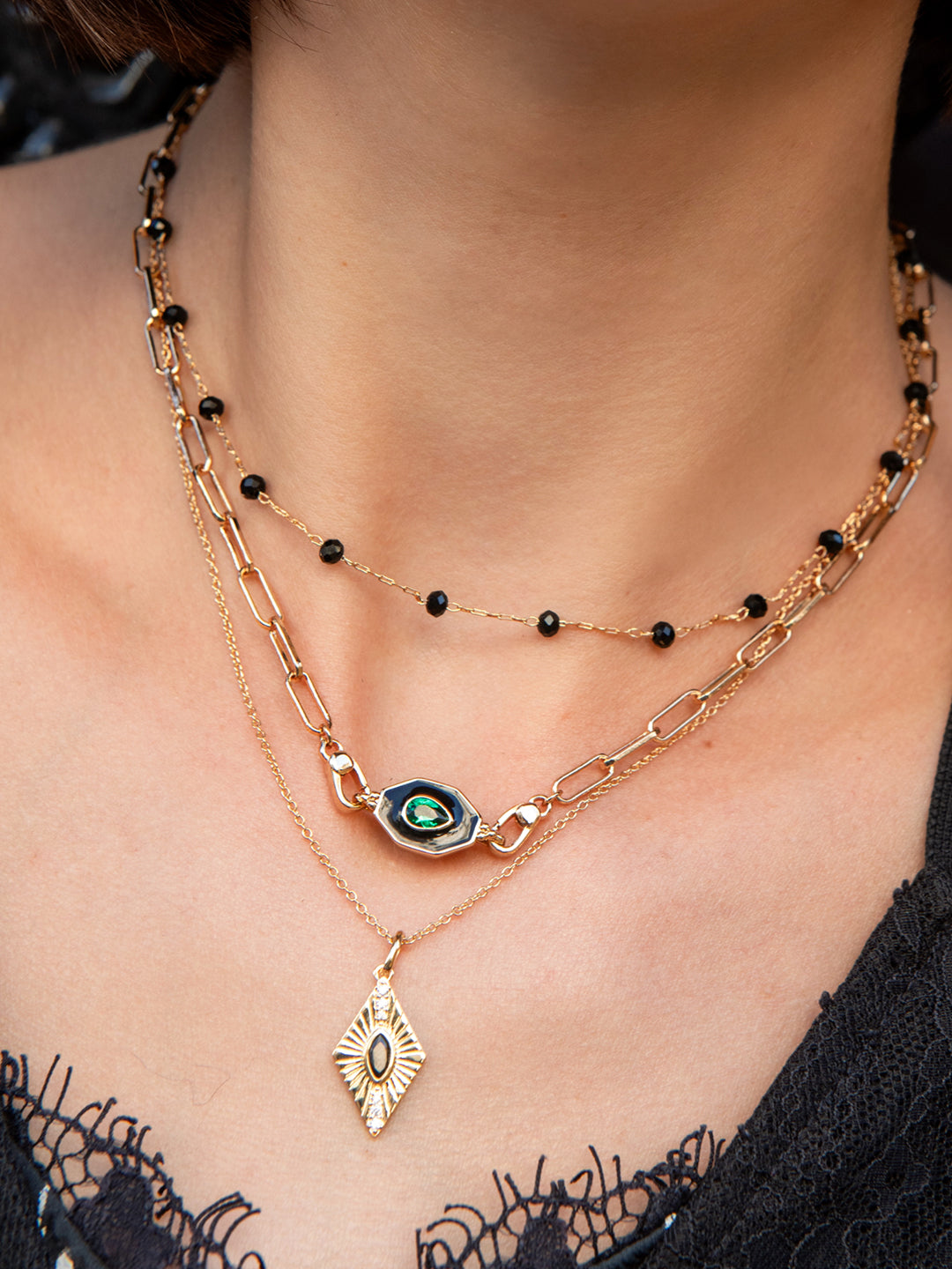 Collier Deco Noir Émail & Crystal Swarovski PL-OR 750 3MIC